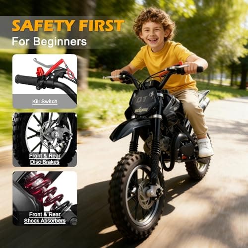 50cc Kids Dirt Bike, 2-Stroke Gas Powered Mini Motorcycle Up to 40MPH, Off-Road Dirt Bike for Kids 8-14 with Front Rear Disc Brakes, Double Shock Absorption (Black)