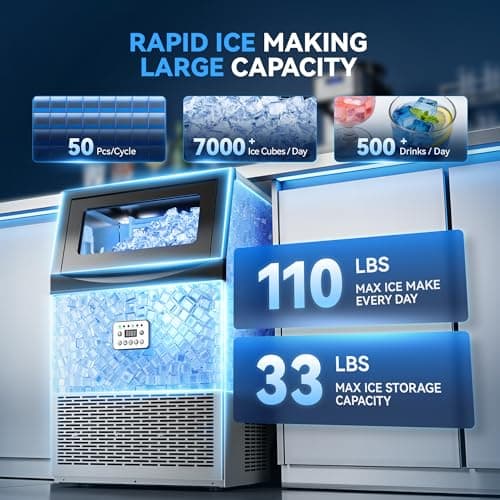 Tehanld Commercial Ice Maker Machine, 110LBS/24H with 33LBS Large Storage Capacity, 50 Ice Cubes/15 Mins, Ice Machine with Self-Cleaning & Water Filter, Under Counter & Freestanding for Home, Bar