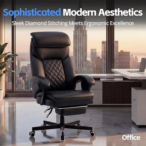 Ergonomic Executive Office Chair - Big and Tall Home Comfy Desk Gaming Chair for Adults, Heavy Duty Leather Reclining Wide Computer Chair with Foot Rest and Back Support (Black)