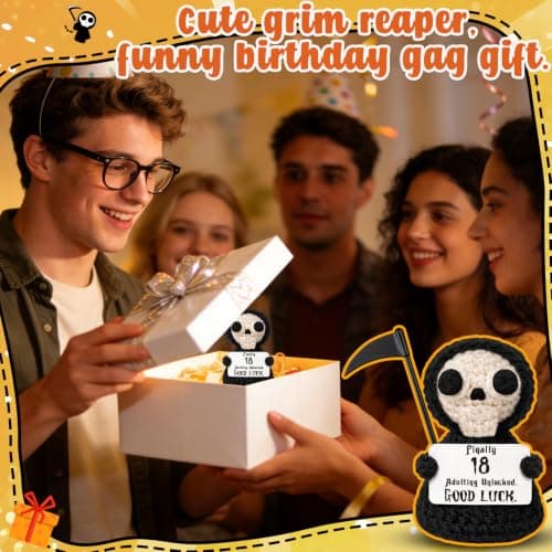 Unique 18th Birthday Gifts for Women Men - Mini Handmade Crochet Grim Reaper - Adulting Funny 18 Year Old Milestone Gag Gifts for Him Her - Handmade Crochet Desk Decor B0GS9Q8J46