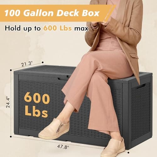 100 Gallon Outdoor Storage Box, Resin Deck Boxes Outdoor Waterproof For Patio Furniture, Garden Tools, Pool Supplies, Lockable And UV Resistant (Rattan Black)