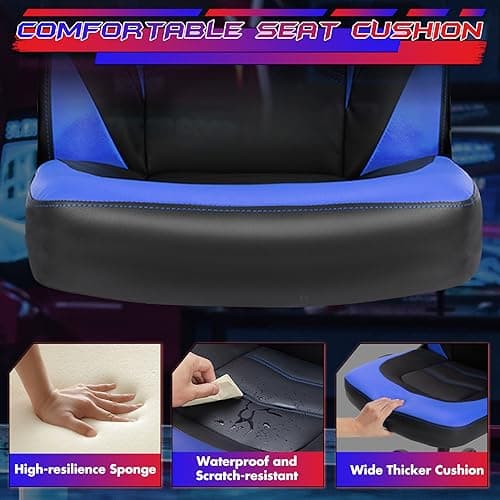 Sweetcrispy Computer Video Game Chair - Ergonomic Home Office with Comfy Lumbar Support, PU Leather Height Adjustable with Flip-up Armrest and 360° Swivel Wheels, Blue, for Adults, Teens