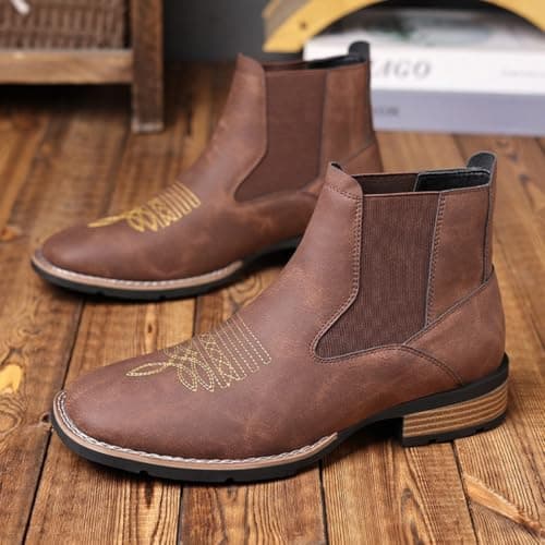 GHTRHSB Men's Western Cowboy Chelsea Boots, Classic Square Toe Cowboy Casual Work Ankle Boots,Slip On Casual Retro Stylish Boots