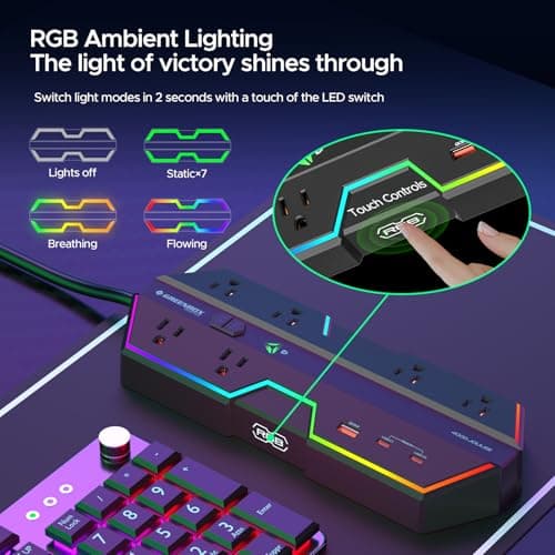 4000J Surge Protector Power Strip with USB Ports, 6 Outlet Power Strip with RGB Lights and PD 20W Fast Charging, Wide-Spaced Outlet Perfect for e-Sports, Game PC, Home and Offices
