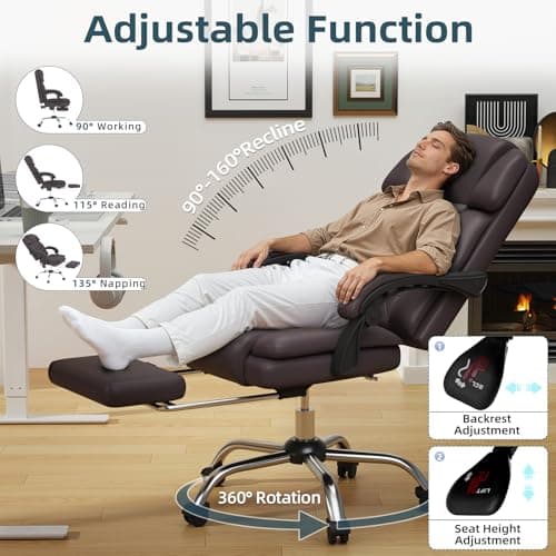 HOMREST 6-Point Massage Office Chair with Heat, Ergonomic Reclining Desk Chair with Footrest, PU Leather Executive Chairs for Home Office, Massaging Computer Chair Gift for Men, Brown