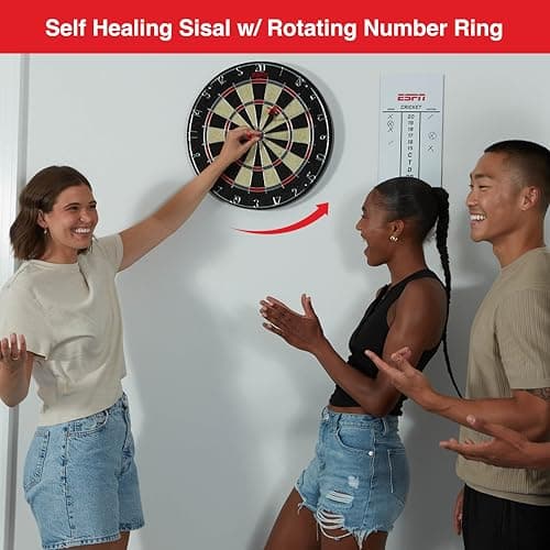 ESPN Dart Board Includes 6 Steel Tip Darts, Bristle Dartboard with Radial Spider Wire and Staple Free Bullseye, Ideal Gifts for Men