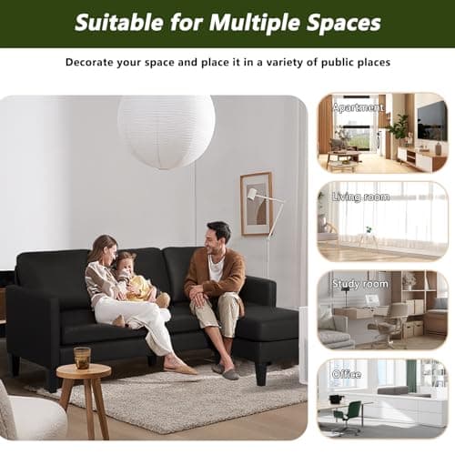 USSerenaY Faux Leather Sectional Couch, L Shaped Sofa with 3 Seater Couch and Reversible Chaise Convertible PU Leather Comfy Couches for Living Room (Black)