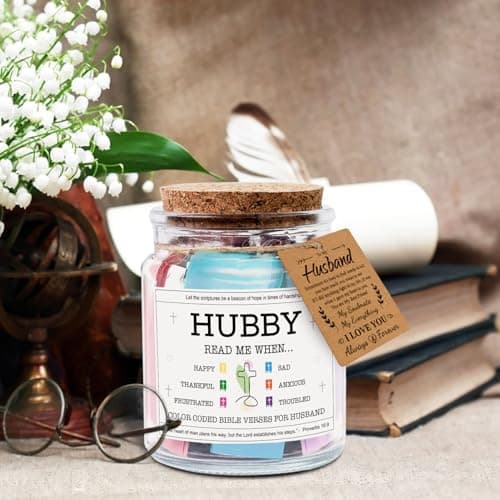 NewEleven Gifts For Husband - Husband Birthday Gift, Christian Gift For Him, Husbands - Anniversary Present For Him Hubby From Wife, Her - Decorative Glass Scripture Jar With 92 Bible Verse