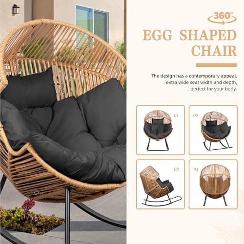 Vongrasig Wicker Egg Chair PE Rattan Rocking Chair with Cushion, Oversized Patio Lounge Rocker Chair for Outdoor, Indoor, Balcony, Backyard, Garden, Black