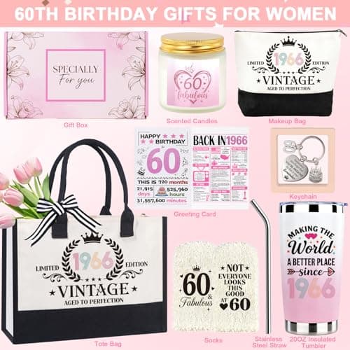 60th Birthday Gifts for Women, Vintage 1966 Birthdays Gift For Her, Cool 60 Year Old Birthday Gifts Set For Mom Wife Sister Friends Coworkers, Unique Gift Ideas With Tumbler Greeting Card Tote Bag B0H1LC1S74