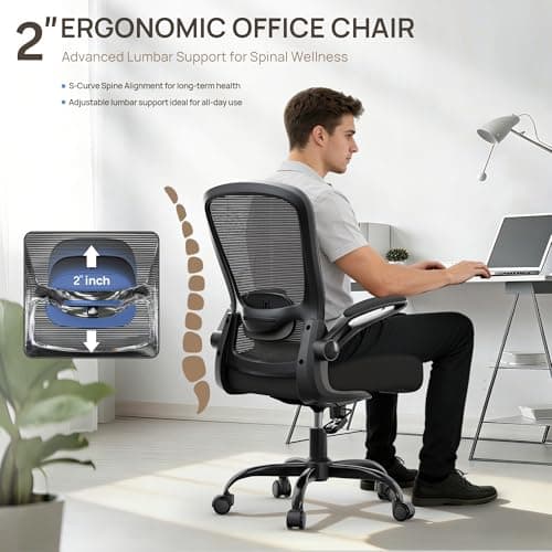 Mimoglad Ergonomic Office Chair - Desk Chair with Flip-up Armrests & 135° Recline, Adjustable Lumbar Support - Space-Saving Task Chair for Business/Team Office & Home (Black, 350lbs)
