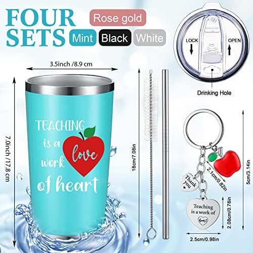 Yinder Valentines Gifts for Teachers Tumbler Set 4pcs Stainless Steel Tumblers with Keychains 12oz Insulated Mugs for Teachers Appreciation Presents Thank You Gifts Bulk Teacher Supplies(Apple)