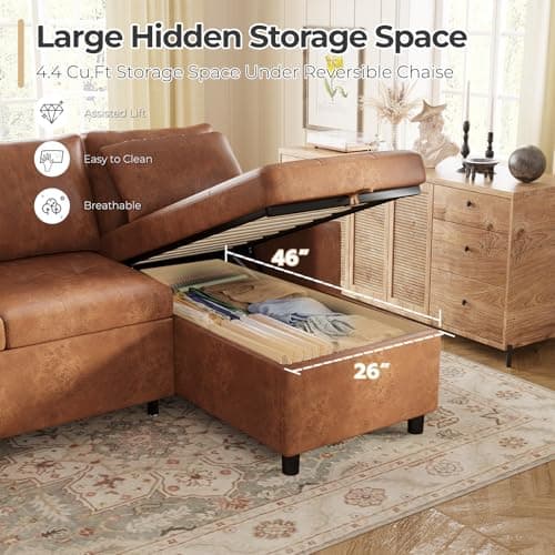 JFHID Leather Sleeper Sofa Couch with Pullout Bed, 80'' Sofa Bed Pull Out Couch with Reversible Storage Chaise, Sectional Couches with USB Charging Ports&Cup Holders for Living Room, Brown