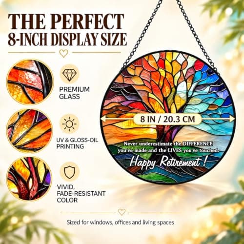 Retirement Gifts for Women Men- 8 Inch Stained Glass Suncatcher - Retirement Gift for Woman - Window Hanging Decor - Retired Gifts for Teacher, Nurse, Coworker, Boss, Employee B0H28SS623