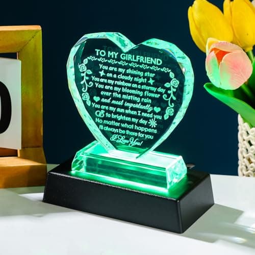 YWHL Romantic Girlfriend Gifts from Boyfriend, To My Girlfriend Crystal Heart Shaped Keepsake with Colorful Light Base, Girlfriend Birthday Gift, Gifts for Girlfriend on Anniversary Valentine