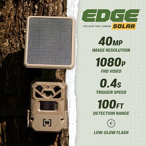 Moultrie Edge Solar Cellular Trail Camera - Integrated Solar Panel with Battery - 40MP - 1080p Video - Night Vision - Multi-Carrier LTE Auto-Connect - Built-in Memory - 0.4s Trigger Speed