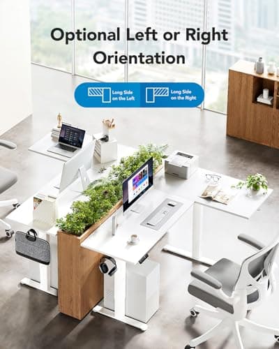 HUANUO L-Shaped Standing Desk, 63 x 40 inch Dual Motor Corner Standing Desk, Electric Height Adjustable Computer Desk with Cable Tray & 3 Preset Heights, Raising Desk for Home Office, White, HNESD109