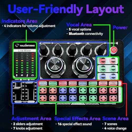 HALCONTORNO Podcast Sound Board F999 Plus - Music Mixer Board, Audio Mixer for YouTuber Streamer Music Gamer, Audio Interface, DJ Equipment Sound Card for Beginners (F999 Plus)