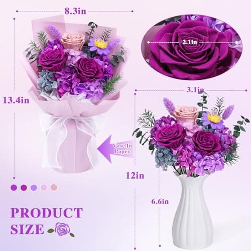 Waipfaru Preserved Flowers, Purple Fresh Bouquet with Gift Box, Flowers for Delivery, That Last 1-3 Years, Forever Flowers for Women Birthday Gift, Anniversary, Teacher, Mother Day