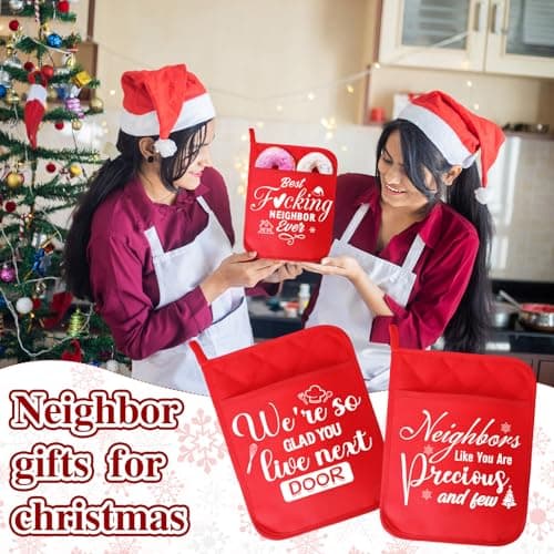 12 Pcs Christmas Neighbor Gifts Red Potholders with Pocket Pad Oven Hot Mitts Cookie Bag Pot Holder Christmas Kitchen Gift Cooking Baking for Neighbor Gift Housewarming Idea