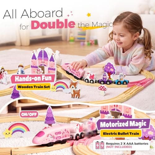 Pink Train Track Set Fairy Theme with Multiple Layouts, Birthday Gift Toys for Girls 3 4 5 6 Year Old Wooden Train Set Electric, 50 PCS Unicorn Princess Wood Track for Girls B0HDSGBW7S