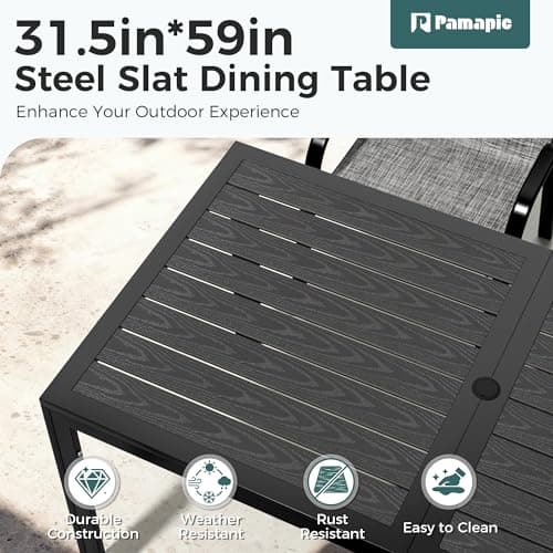 Pamapic Outdoor Dining Sets for 6, Rectangular Steel Slat Table with 6 Textilene Chairs, 7 Piece Patio Table and Chairs Set with Umbrella Hole for Patio, Garden, Backyard and Poolside (Grey)