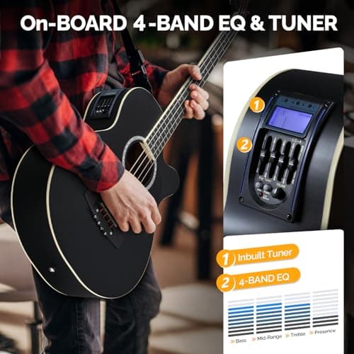 GLARRY Full Size Acoustic Electric Bass Guitar Beginner Kit w/ 15W Amp, Cutaway 4 Strings Electric Acoustic Bass Guitar w/Inbuilt Tuner, Bag, Strap, Picks, Strings, Bass Guitarra，Matte Black