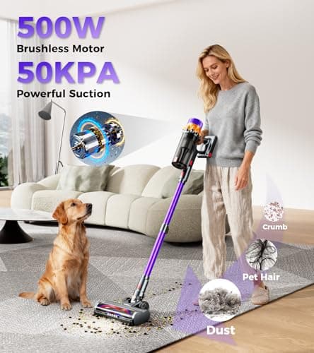 Cordless Vacuum Cleaner, 500W 50KPA 60Mins Vacuum Cleaners for Home, Self-Standing Stick Vacuums with LED Display, Anti-Tangle, Lightweight, Rechargeable Wireless Vacumm for Pet Hair Carpet Floor