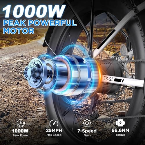 Electric Bike for Adults, 1000W Peak Ebike, 25MPH 60Miles Electric Mountain Bike, 26" Fat Tire Electric Bicycle with 48V 13AH Battery, Front Suspension,7 Speed, Rear Rack, UL 2849 Certified