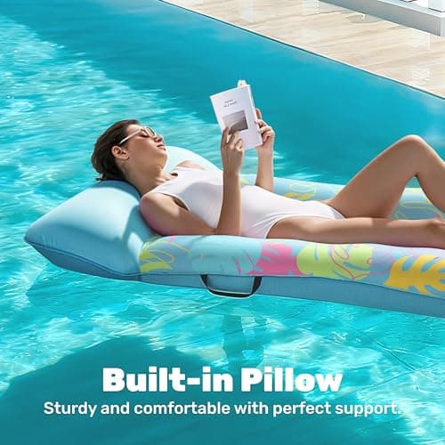 SLOOSH Inflatable Pool Floats Raft - XL Fabric Covered Pool Mat Lounger Floaties for Adults, Ultra Comfort Inflatable Water Float with Headrest for Beach Lake Swimming Pool 68"X34" (Light Blue)