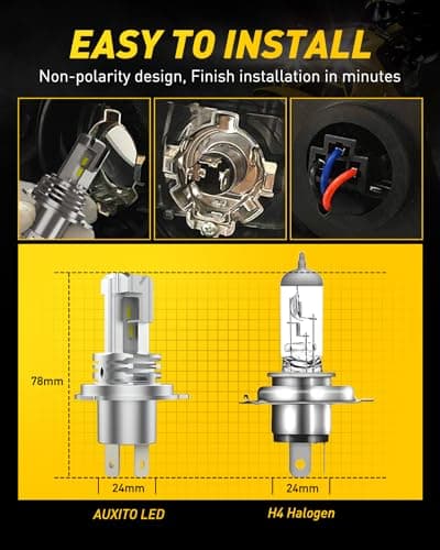 AUXITO H4 Light Bulb Hi/Low for Motorcycle, 400% Brighter, 9003 Bulb 6000K Cool White H4 Fog Light Fanless, Plug and Play, Pack of 1
