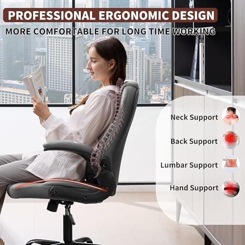 Executive Office Chair PU,Leather Office Chair with Wheels,360° Swivel Rolling Chair with Padded Arms,Ergonomic Computer Chair with Lumbar Support for Short People Use (Grey)