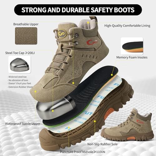 Ablanczoom Work Boots for Men Steel Toe - Construction Footwear Slip Resistant Comfortable Breathable Durable Safety Boot