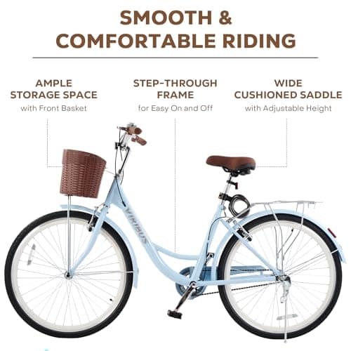 VIRIBUS Beach Cruiser Bike for Women, Single Speed Womens Bike with Basket & Rack 24 26 inch, Retro Step Through Cruiser Bicycle for Petite Short Women Female Ladies City Commuter, 330 lb.