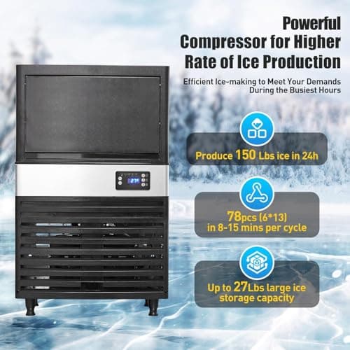 Commercial Ice Maker Machine, 150lbs/24H, 30 Lbs Ice Storage Bin, Fast Making Ice in 5-15 Mins, Auto-Clean, Timer Function, Freestanding or Undercounter for Restaurant,Coffee Shop, Food Truck and Bar