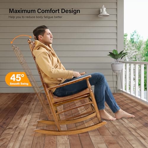 VINGLI Wooden Rocking Chair, Outdoor Chair with 450 lbs Support, Relaxing Rocker with Solid Wood High Back Seat Reclining Seat for Deck, Garden, Backyard, Porch, Indoor or Outdoor Use (Teak, 1PC)