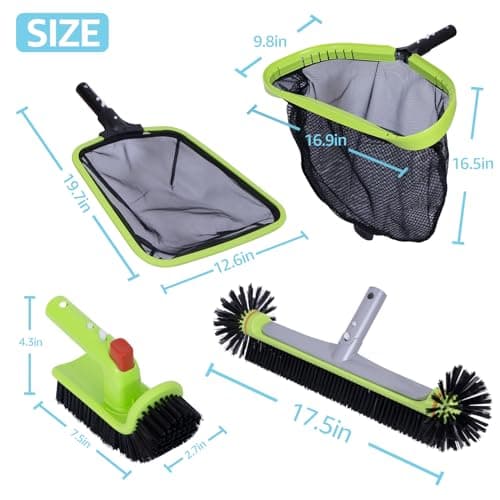 Sepetrel Deluxe Swimming Pool Cleaning Kit Including Professional Leaf Skimmer Net,Half-Depth Fine Mesh Net,17.5" Pool Brush Head & Hand Scrub Brush(NO Pole)
