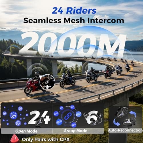 Moman Motorcycle Intercom, Group Intercom Communication Systems, FM, Hi-Fi Stereo, CVC Noise Cancellation, Waterproof BT5.1 Helmet Speaker Headset, 24 Riders Mesh Communicate(CPX 1 Pack)