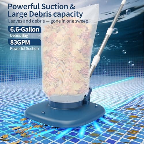 Rechargeable Pool Leaf Vacuum with Telescopic Pole, 83GPM Powerful Suction– Cordless Pool Skimmer for Inground & Above Ground Pools with 6.6Gal Leaf Catcher Bag for Heavy Debris Areas
