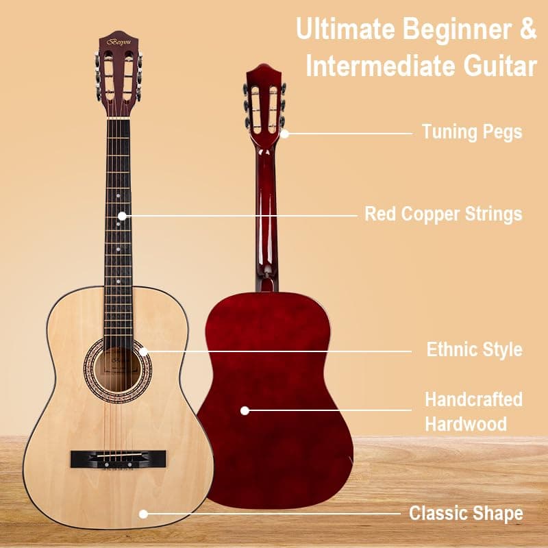 BESYOU Acoustic Guitar 38" Wood Guitar with starter kit-Travel Gig Bag, Tuner,guitar pick with Beginner Set for Kids/Adults -Natural