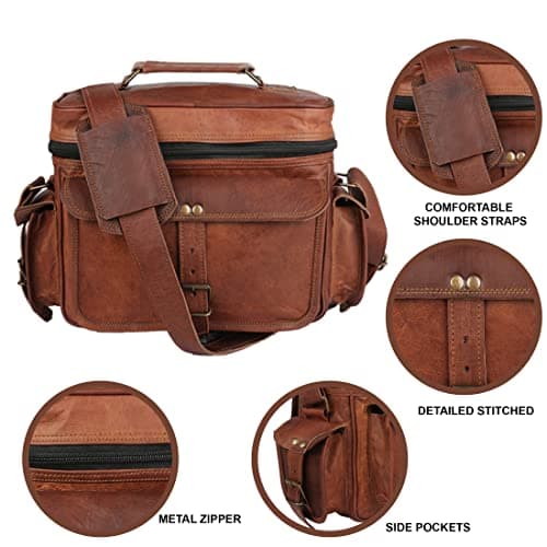 Leather Messenger Bag for Camera - Vintage Shoulder Satchel Camera Bag for DSLR, Canon, Nikon, Fuji Cameras - Travel, Portable Photography Bag