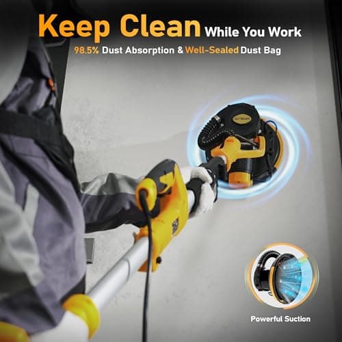 GEVEELIFE Drywall Sander, 880W Popcorn Ceiling Removal Tool, Drywall Sander with Vacuum Dust Collector, 5 Variable Speed 1000-2100RPM, LED Light, Foldable & Extendable Handle, 12 Sanding Discs