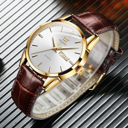 QBAIZI Men's Casual Leather Watch, Easy to Read Three-Hand Analog Stainless Steel Watches for Men, Minimalist Day Date Waterproof Luminous Mens Quartz Wristwatch