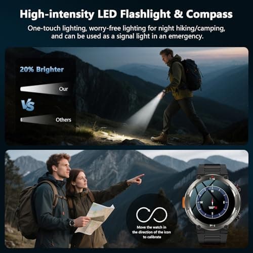 IOWODO Military Smart Watch for Men -100-Day Long Battery Life,Fitness Tracker with LED Flashlight/Compass,Heart Rate Monitor,120+ Sports Modes,IP68 Waterproof,Bluetooth Call Smartwatch for iOSAndroid