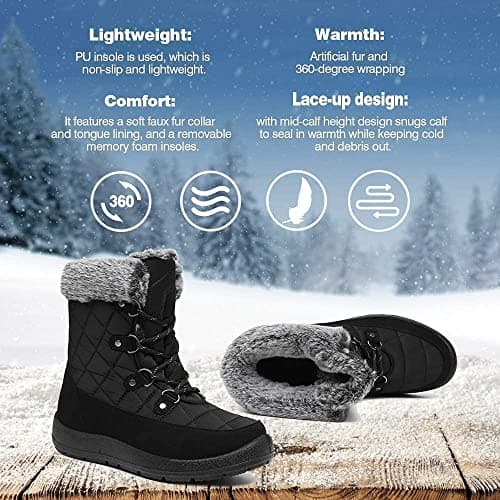 JSWEI Winter Boots for Women - Soft Comfortable Faux Fur Mid Calf Winter Snow Boots Totes Boots Lace up Snow Boots Winter Boots with Insulated Black for Outdoor