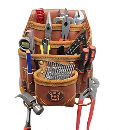 USA Pro Tools Leather Tool Pouch for Carpenter | Best for Electricians, Plumbers, Handyman and Framers | 10 Pockets with 2 Stainless Steel Hammer Holders