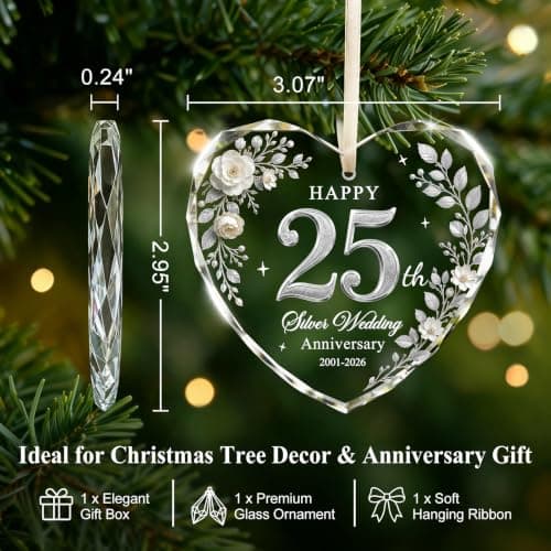 Glass 25th Anniversary Gifts for Couples Wife Husband Parents, 25 Year Anniversary Ornaments for Christmas Tree Decorations 25th Wedding Anniversary Ornament, Happy 25th Silver Anniversary Keepsake B0HFJ9P8KK