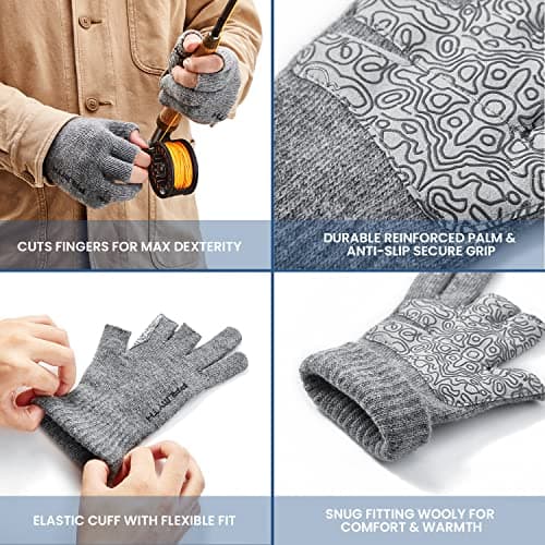 Palmyth Wool Fishing Gloves 3-Cut Fingers Warm for Men and Women Cold Weather Fingerless Gloves for Winter Fly Fishing
