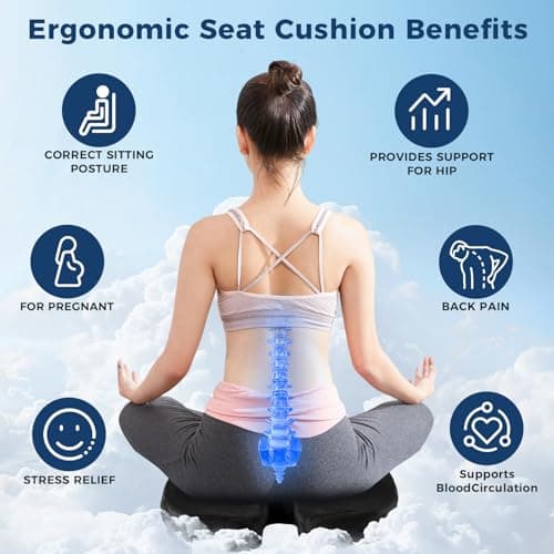 Gel Memory Foam Layer Wheelchair Cushion - Wheelchair Office Chair, Kitchen Chair, Car Seat - Pressure Pain and Tailbone Pain Relief - High Density Foam Base (Black)