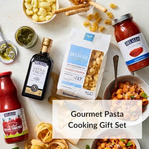 DeLallo Gourmet Pasta Gift Basket, Italian Gift Basket with Imported Lumache and Pappardelle Noodles, Gourmet Cooking Gift for Holidays and Christmas, Handpacked with Gift Box